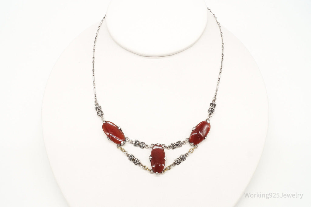 Antique Carnelian Marcasite Sterling Silver Necklace