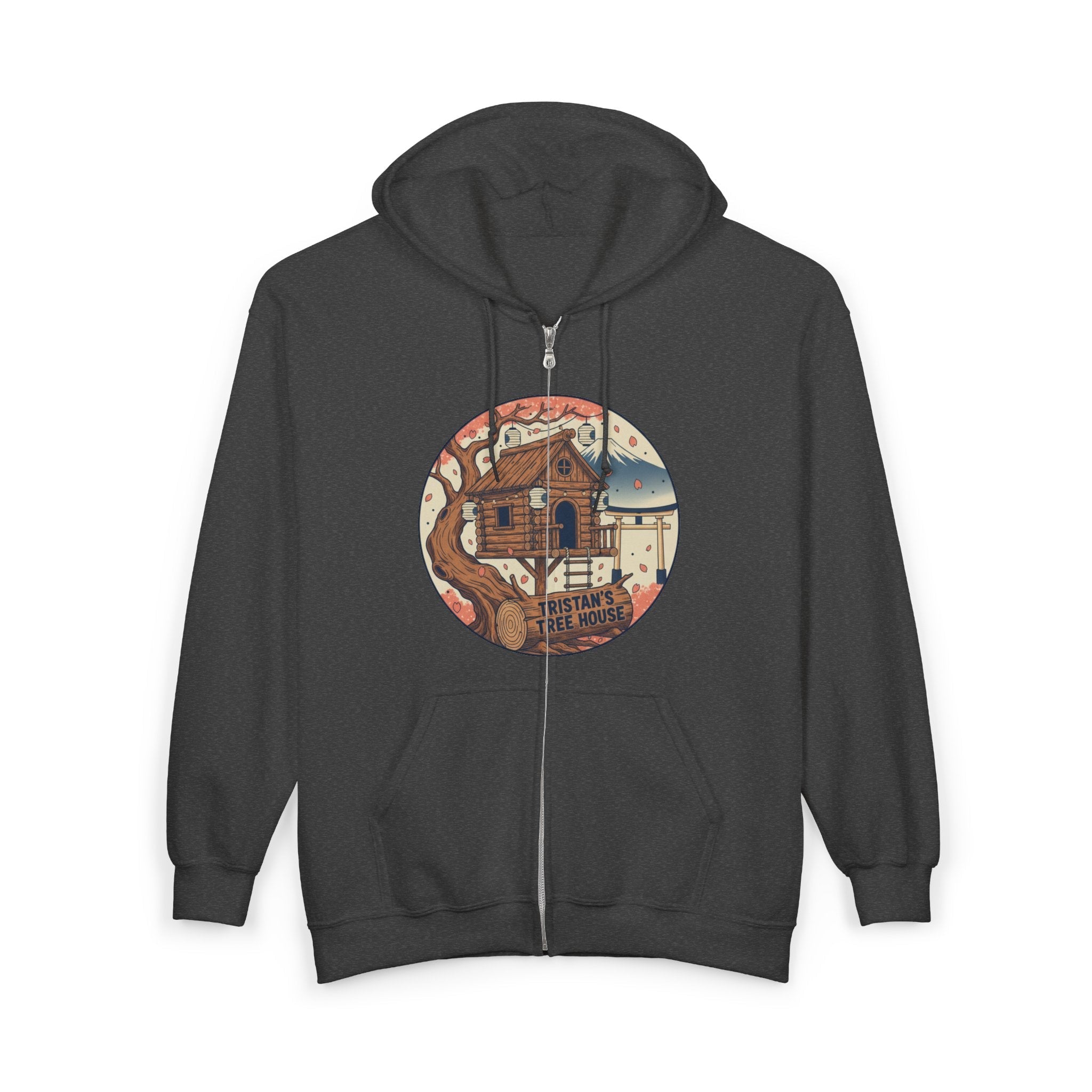 Cabin Vibes Zip Hoodie —Tristan’s Treehouse  Rustic Lakeside Circle Illustration