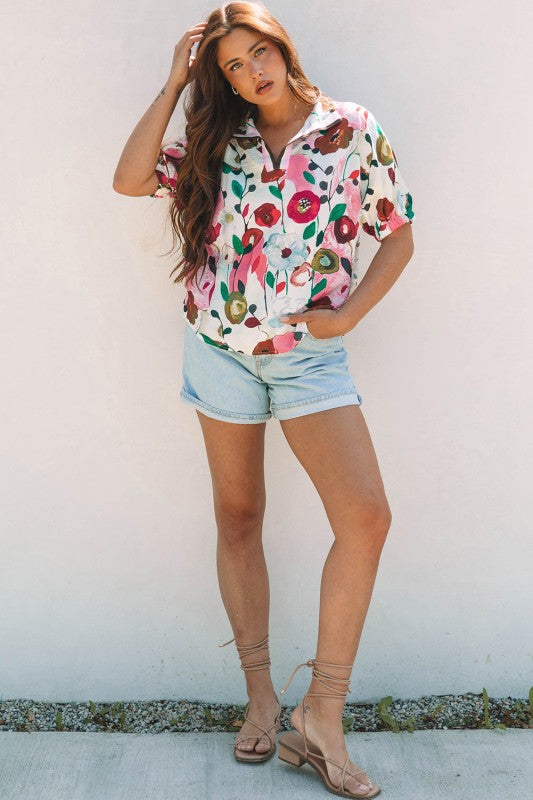 Adele Floral Slit V Neck Blouse