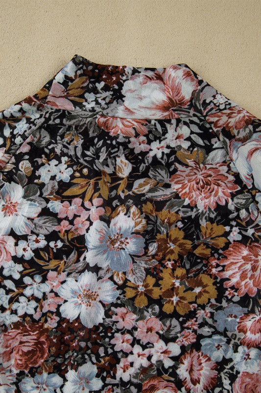 Floral Mesh Long Sleeve Mock Neck Top