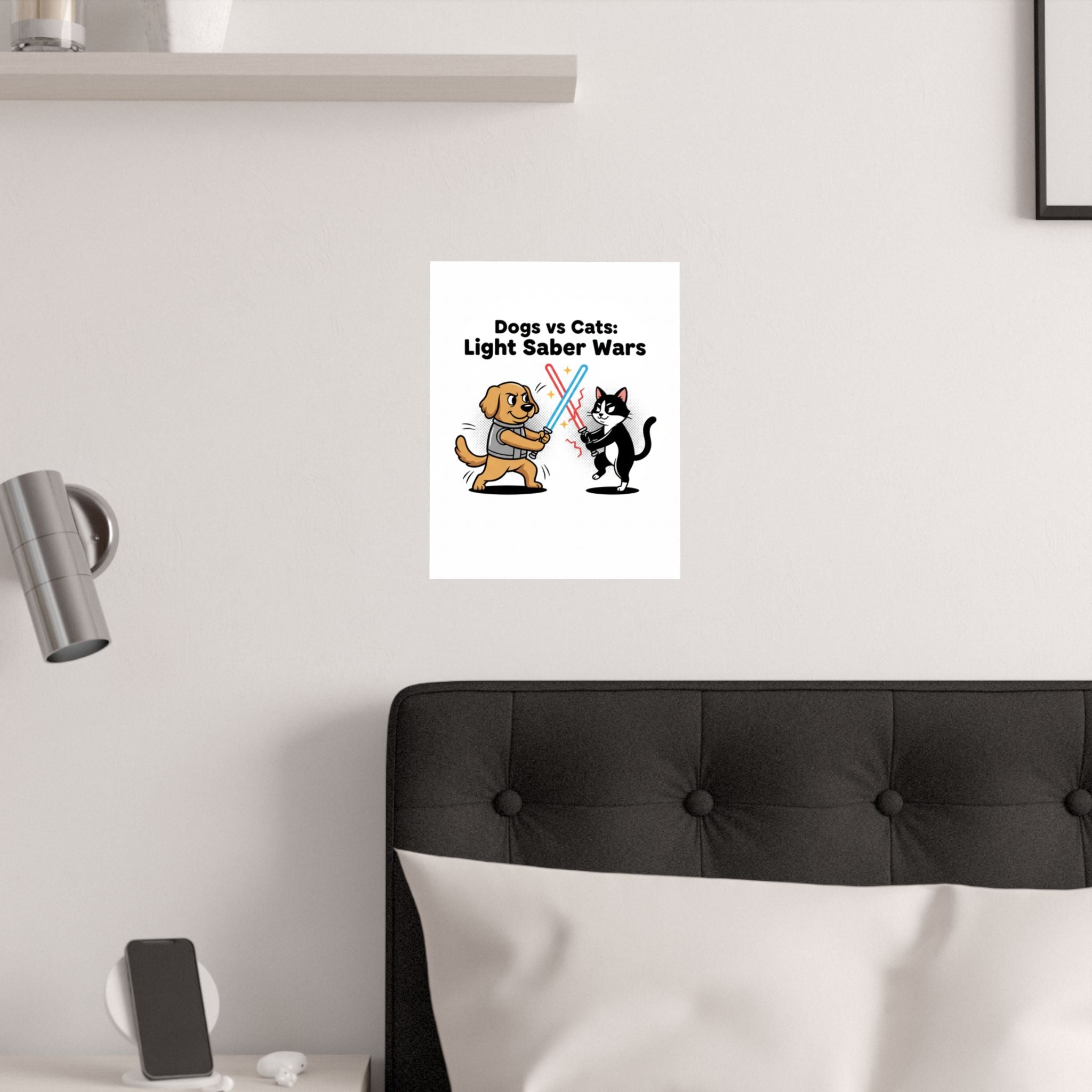 Dogs vs Cats: Light Saber Wars Satin Poster — Funny Pet Battle Wall Art