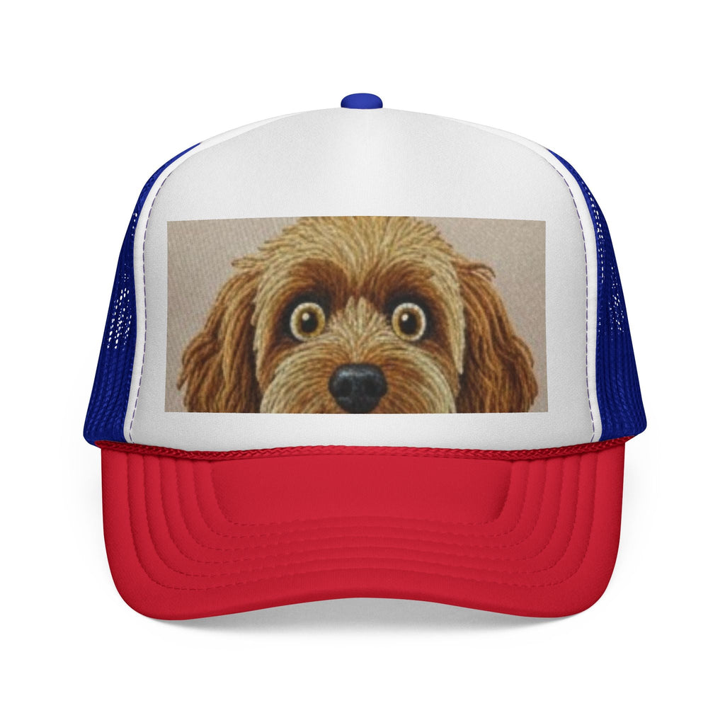 Cute Dog Face Trucker Cap — Red, White & Blue Puppy Snapback Hat