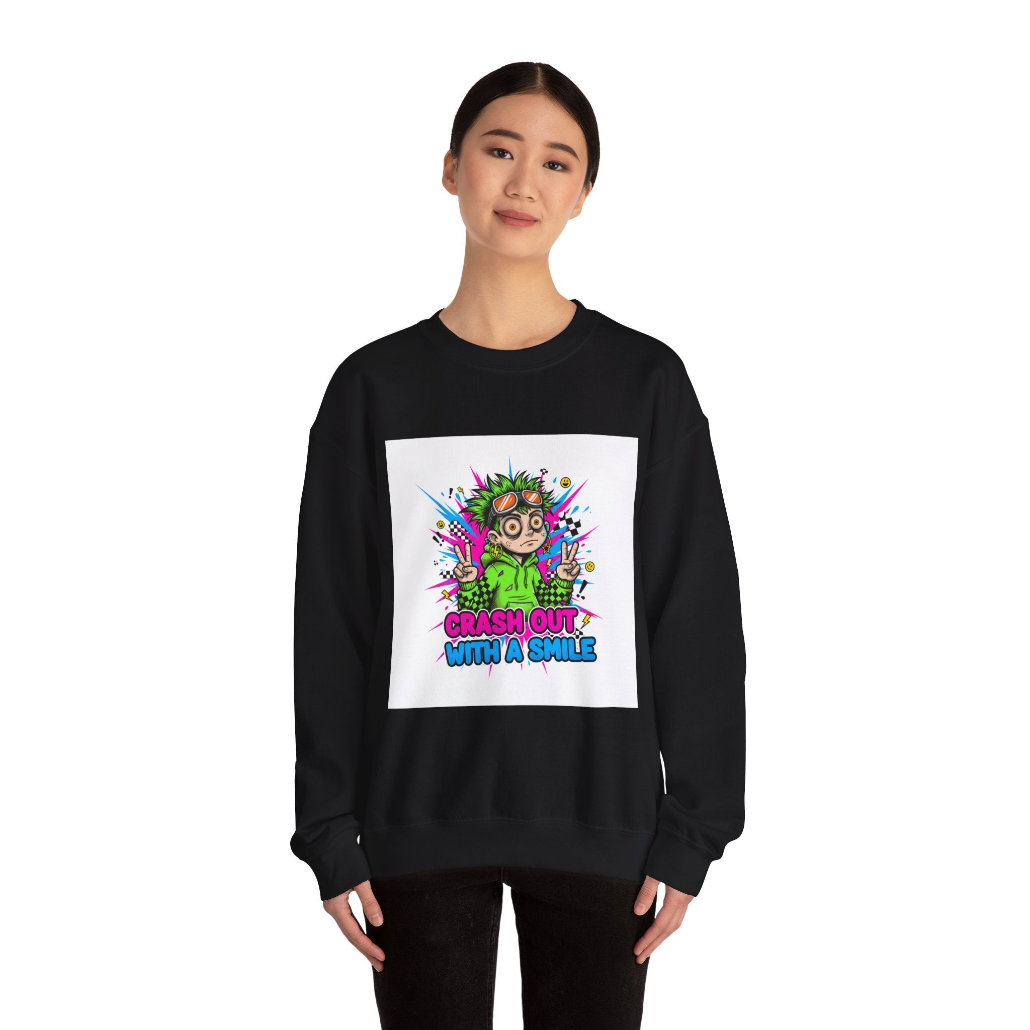 Crash Out With a Smile Sweatshirt | neon graffiti, meltdown streetwear