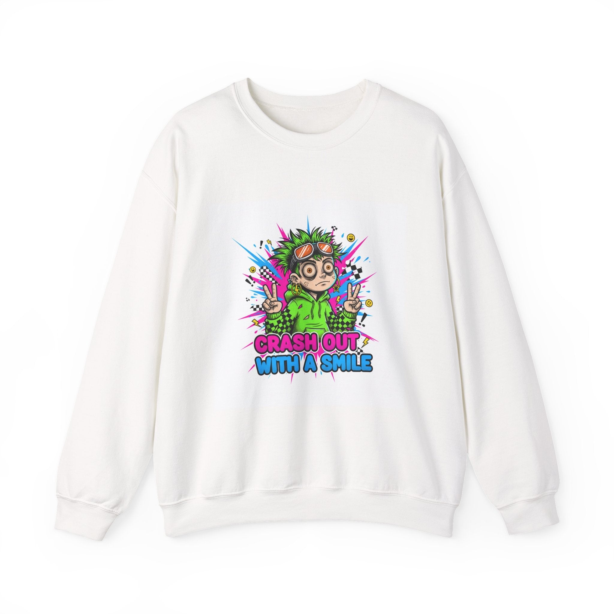 Crash Out With a Smile Sweatshirt | neon graffiti, meltdown streetwear