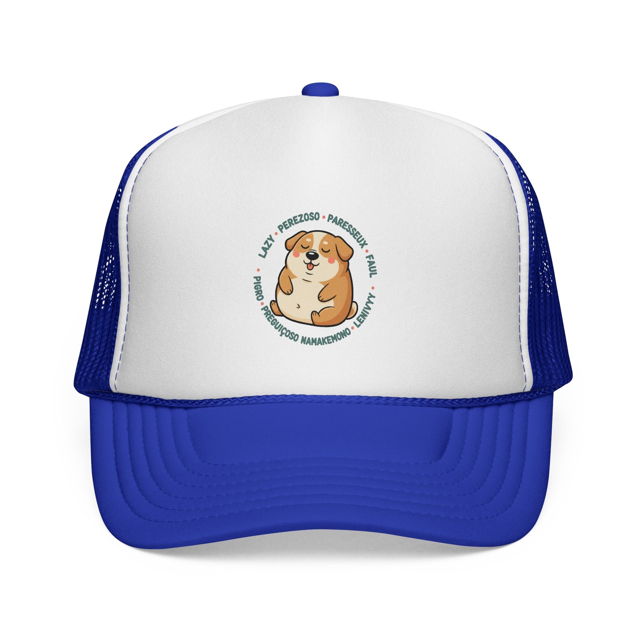 Funny Dog Meme Trucker Cap — "Fat Lazy" Multilingual Design (8 Languages)