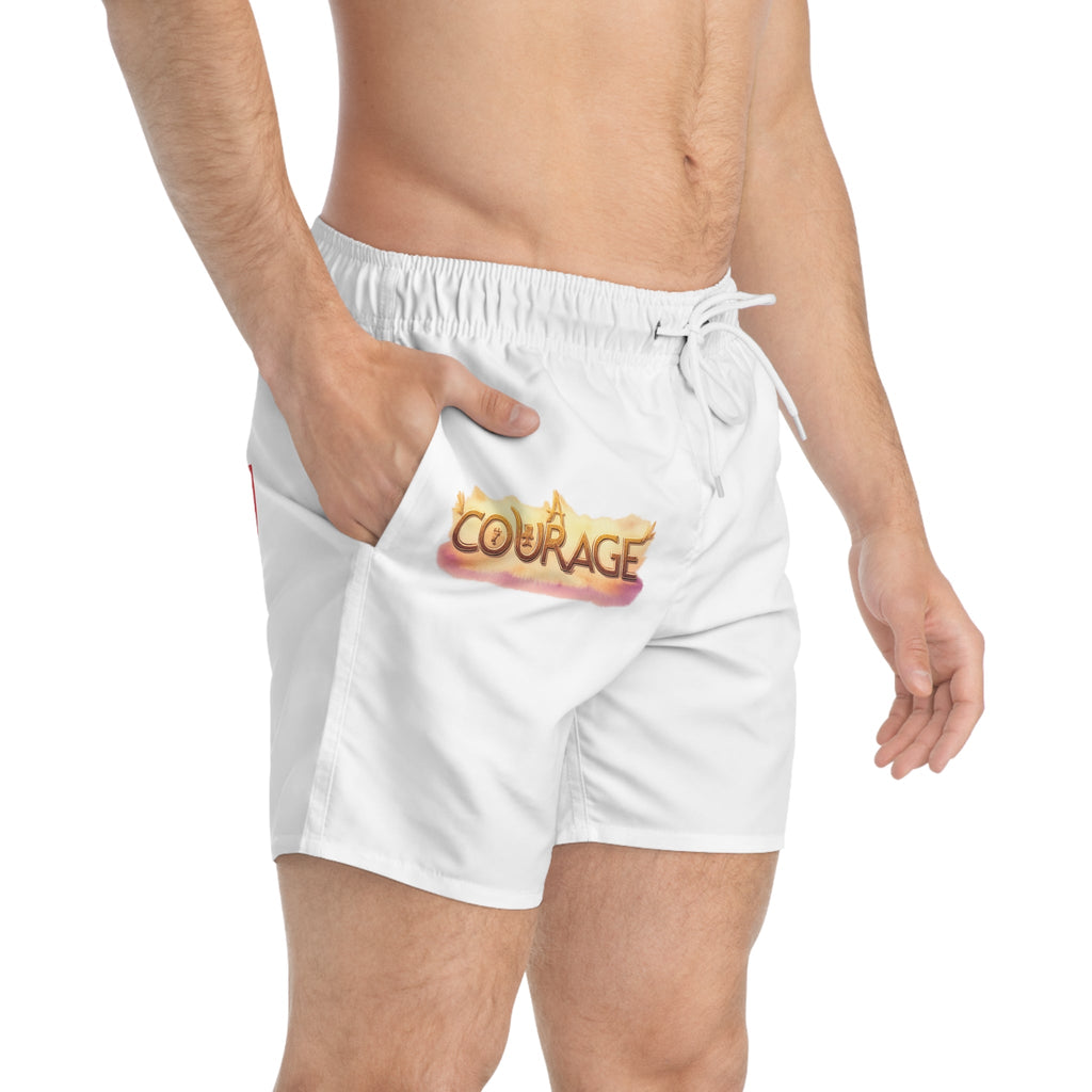 Courage Graphic Swim Trunks — White AOP with 'Courage' Flame Logo & ULP Shield