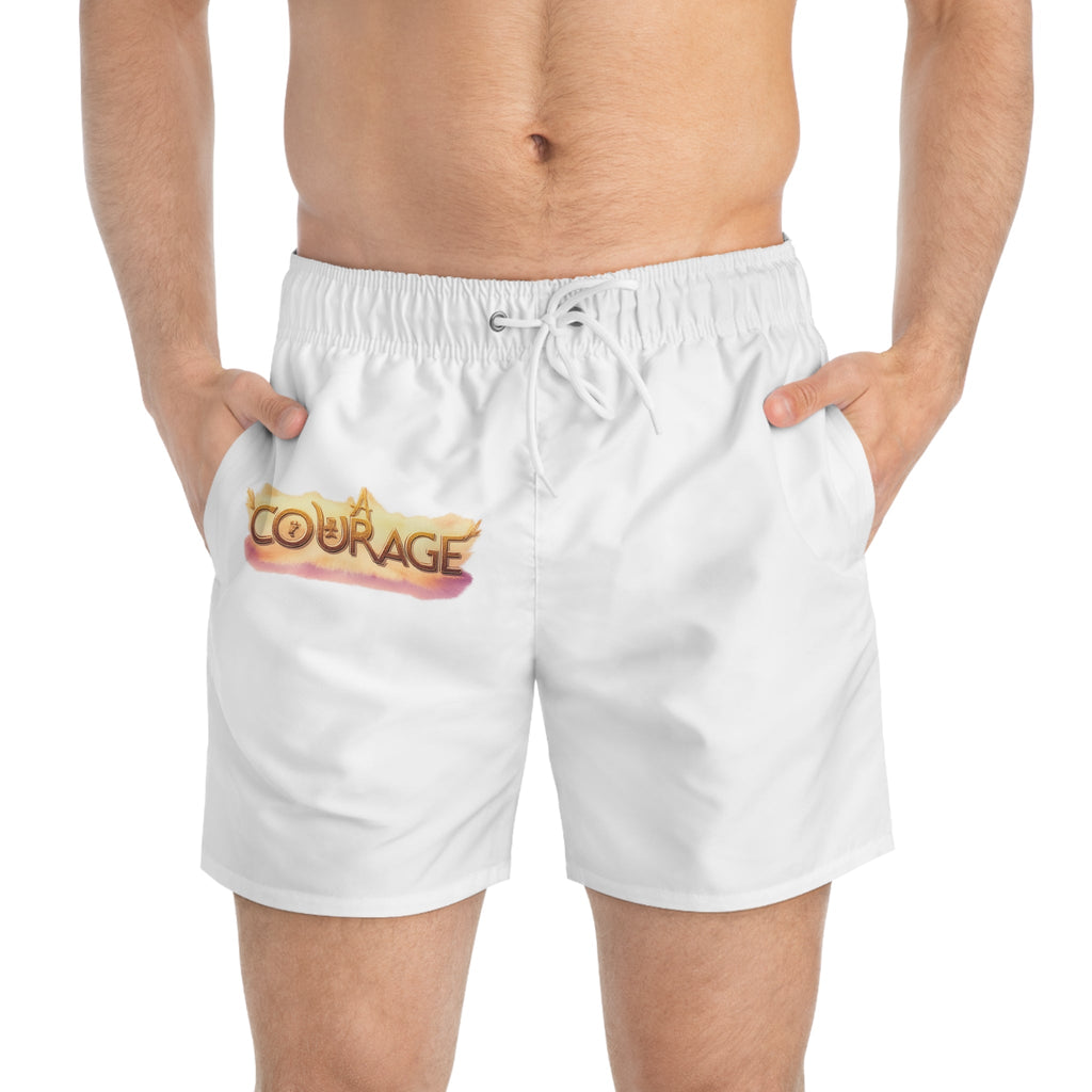 Courage Graphic Swim Trunks — White AOP with 'Courage' Flame Logo & ULP Shield
