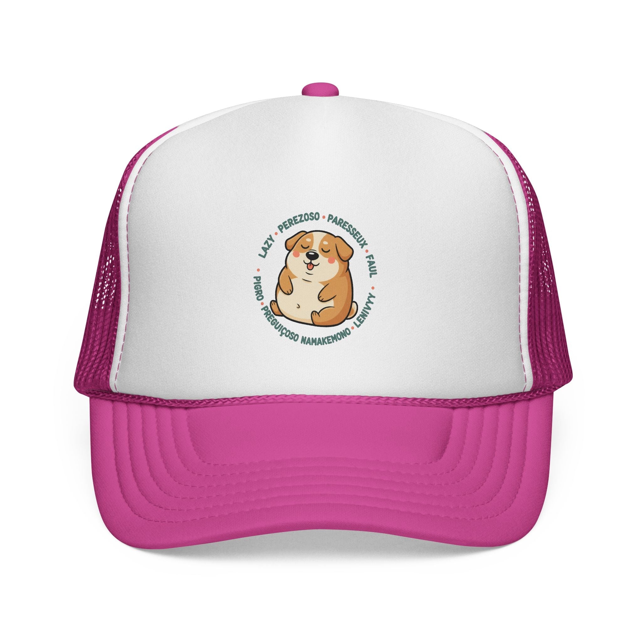 Funny Dog Meme Trucker Cap — "Fat Lazy" Multilingual Design (8 Languages)