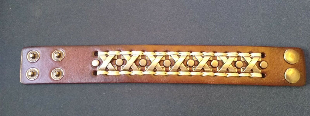 Brown Leather 1.5 Inch Wide Bracelet with "X" Design. Be a Rockstar!~Adjustable~