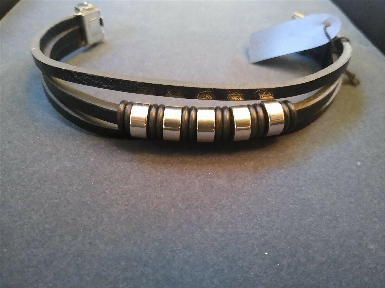 3 Strand Beaded Black PU Leather / Steel Bracelet. Be a Rockstar! ~New~