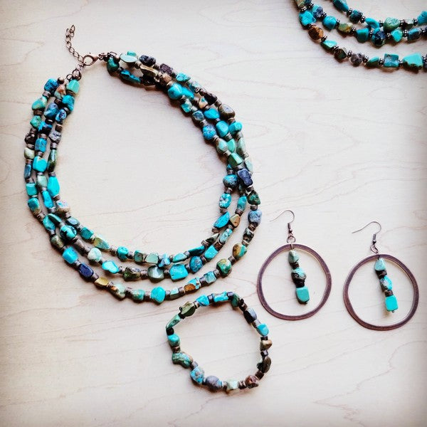 Genuine HuBei Turquoise & Wood Triple Strand Necklace