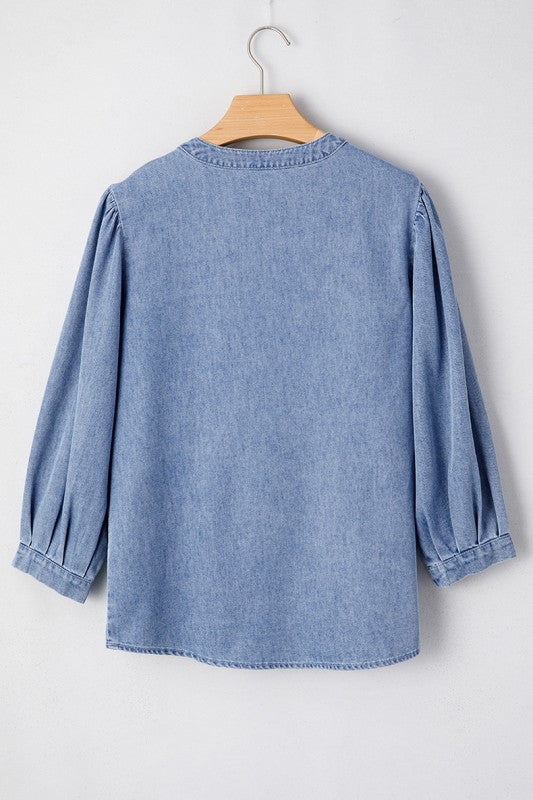 Denim Front Pintuck Bow Tie Puff Sleeve Top