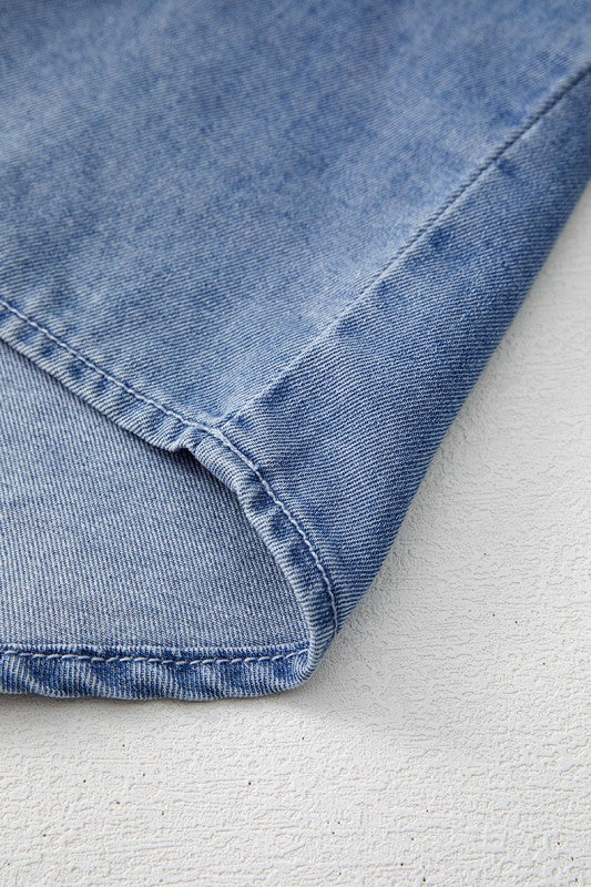 Denim Front Pintuck Bow Tie Puff Sleeve Top