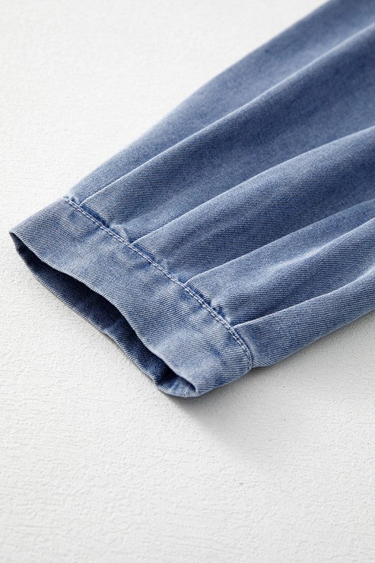 Denim Front Pintuck Bow Tie Puff Sleeve Top