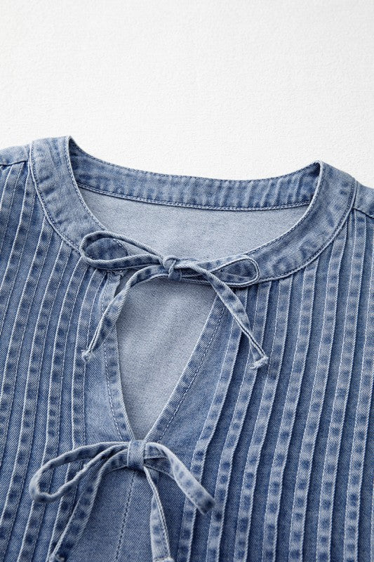 Denim Front Pintuck Bow Tie Puff Sleeve Top