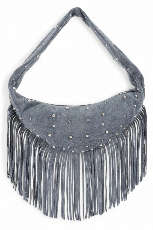 Boho Fringe Faux Suede Hobo Bag – Studded Fashion Handbag