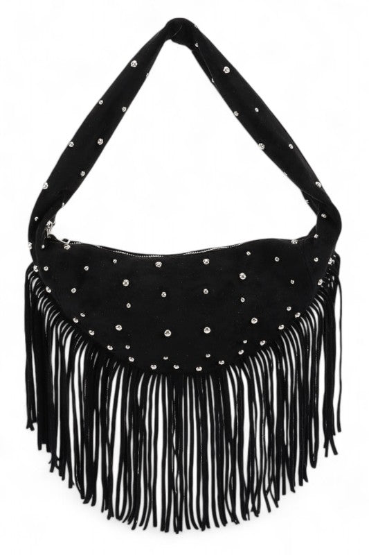 Boho Fringe Faux Suede Hobo Bag – Studded Fashion Handbag