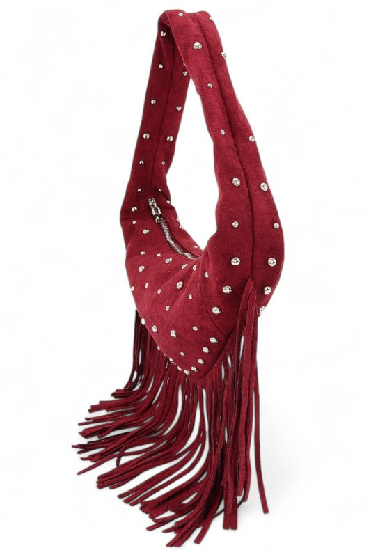 Boho Fringe Faux Suede Hobo Bag – Studded Fashion Handbag