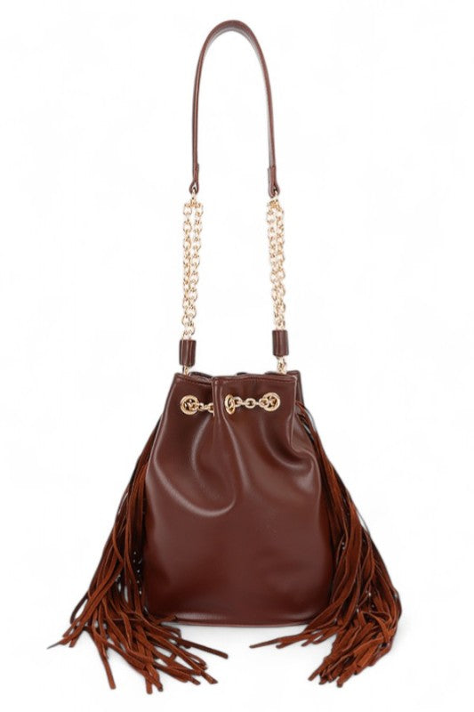 Fringed Accent Boho Bucket Bag