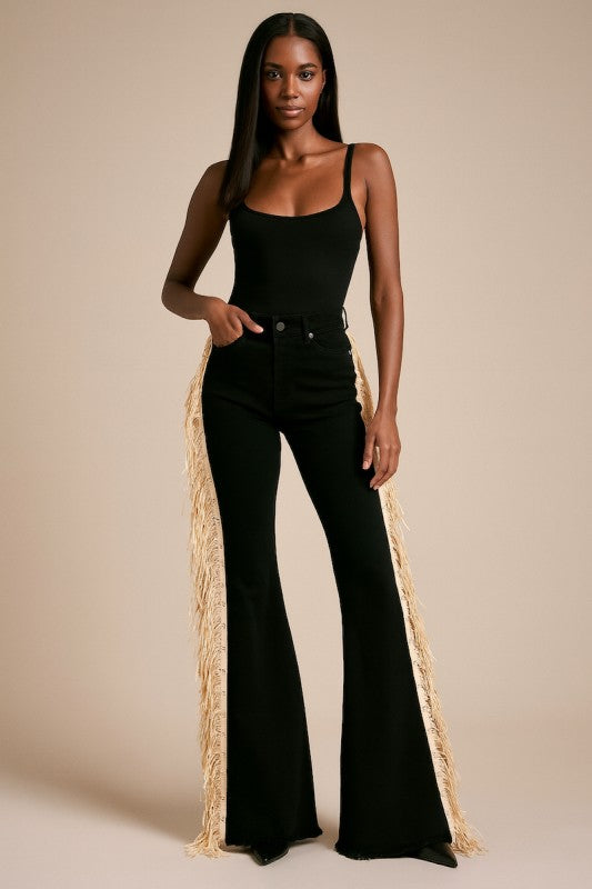 GJG Denim Texas Sun Bell Bottom Jean- Beige Fringe