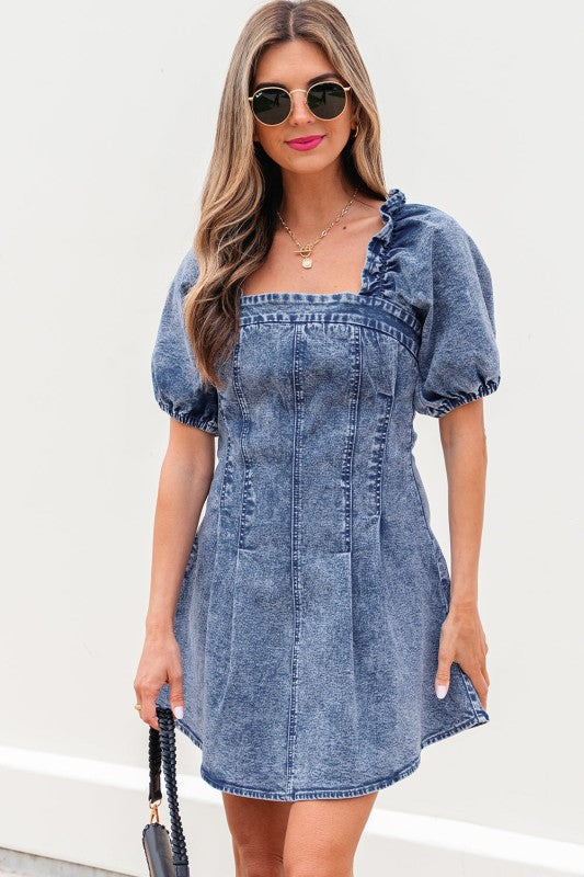 Celia Square Neck Bustier Puff Sleeve Short Denim