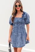 Celia Square Neck Bustier Puff Sleeve Short Denim