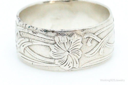Antique Floral Design Sterling Silver Band Ring - Size 4.5