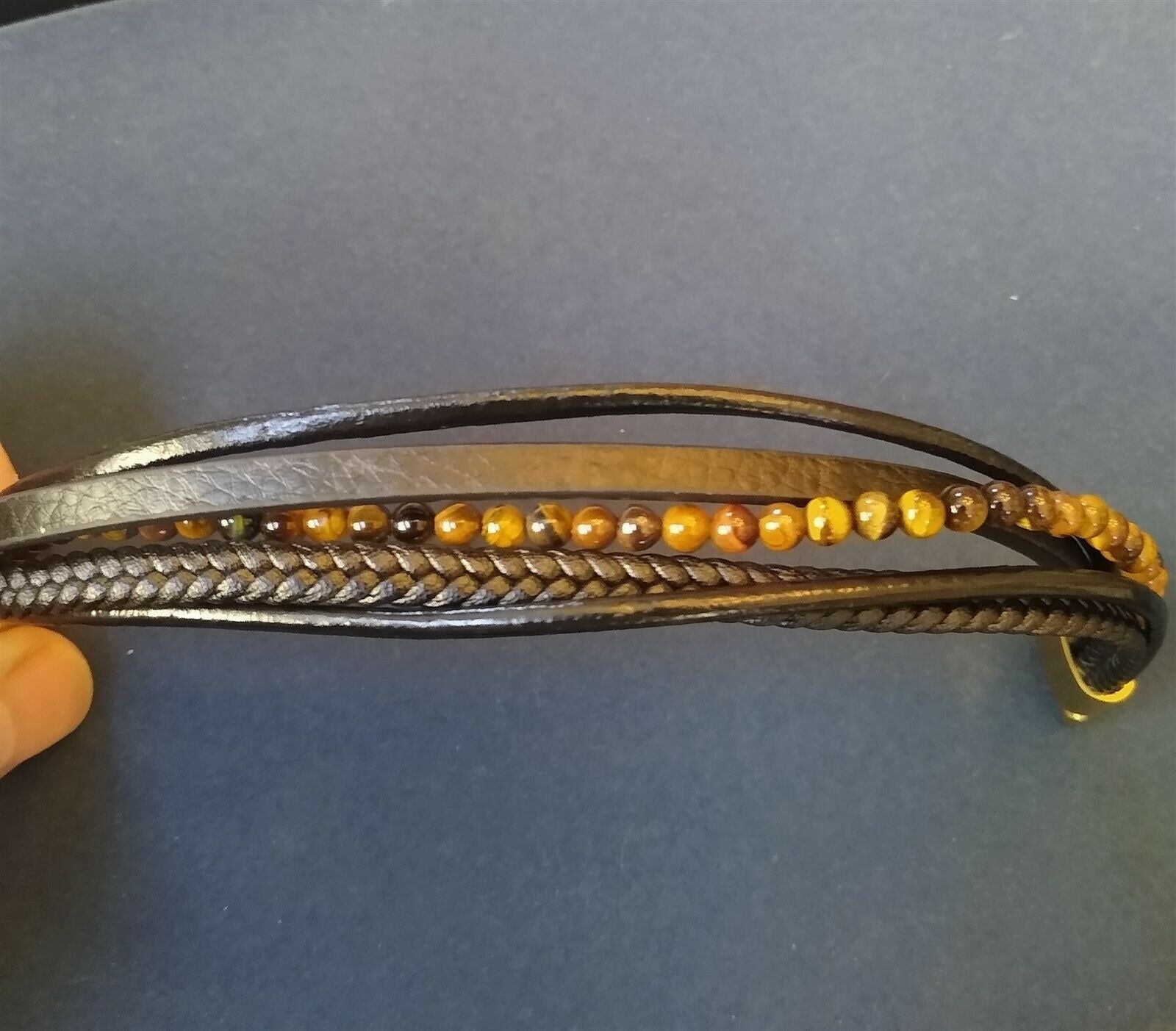 5 String Leather Bracelet with Tiger Eye Beads & Magnetic Clasp