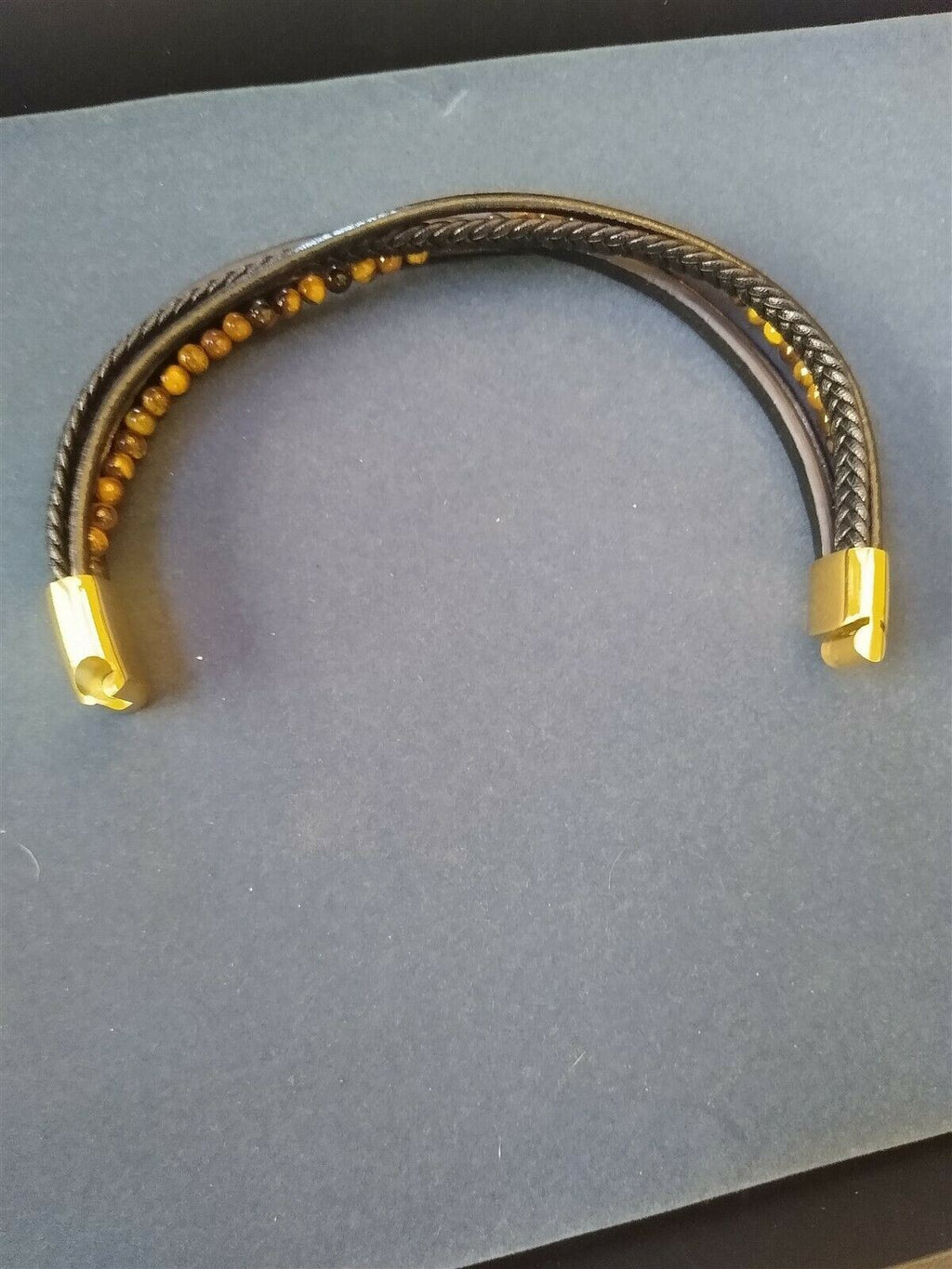 5 String Leather Bracelet with Tiger Eye Beads & Magnetic Clasp