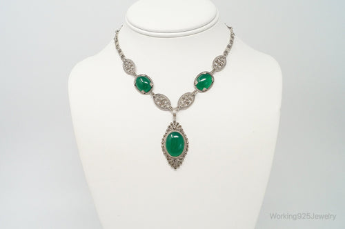 Antique Green Chrysoprase Marcasite Sterling Silver Necklace