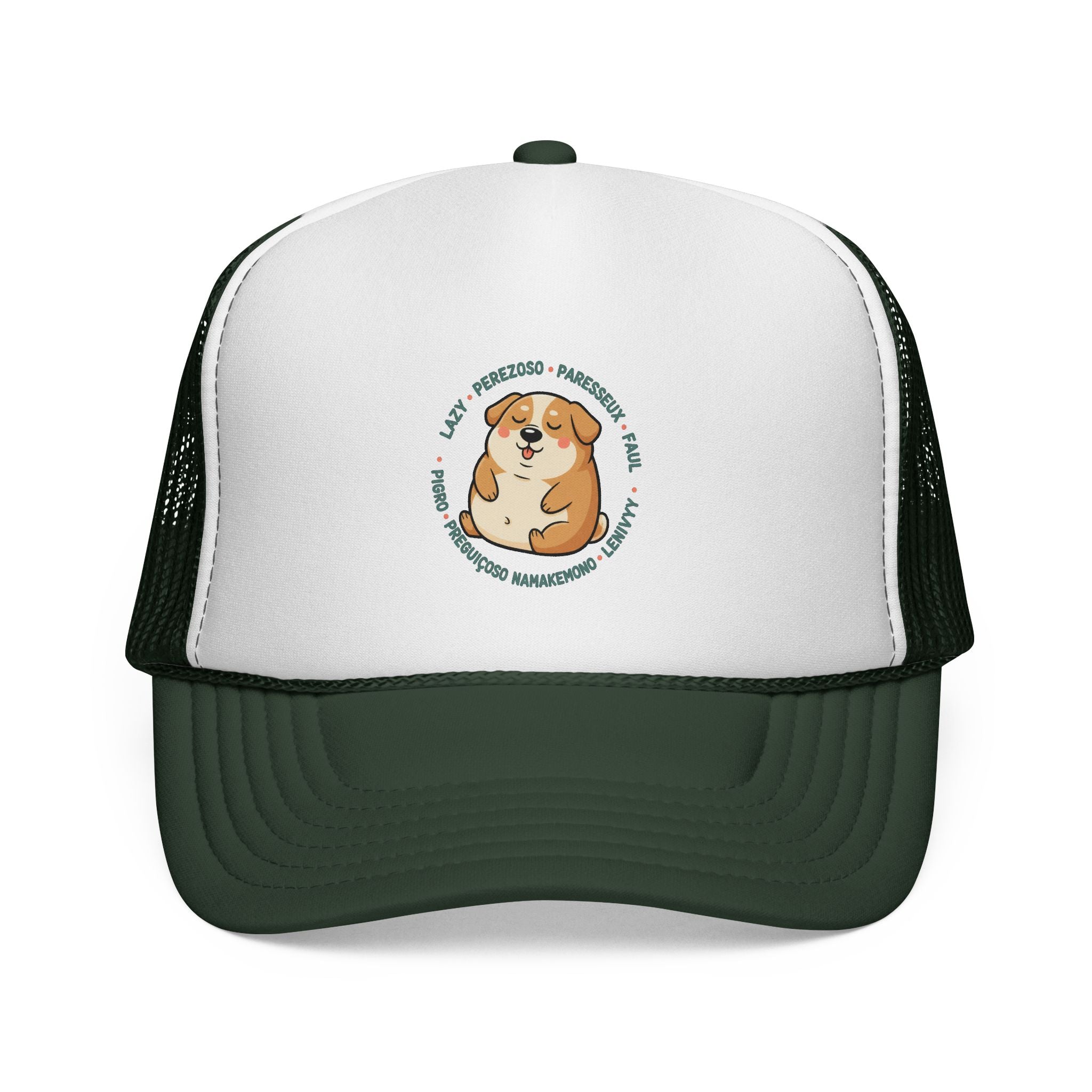 Funny Dog Meme Trucker Cap — "Fat Lazy" Multilingual Design (8 Languages)