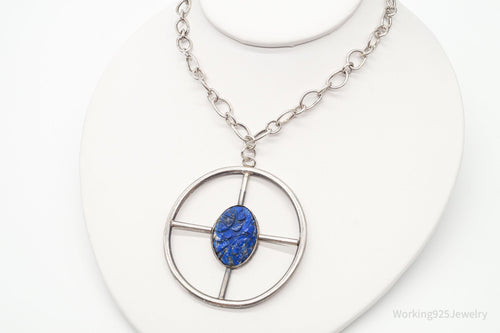 Antique Lapis Lazuli Modernist Style Large Pendant Silver Necklace