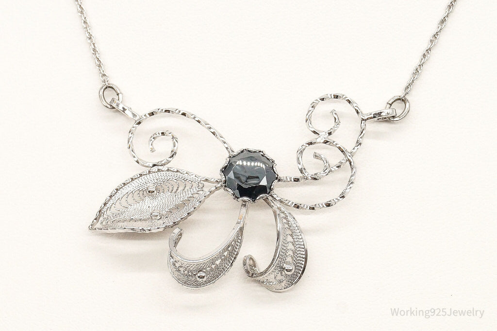 Antique Hematite Sterling Silver Filigree Necklace