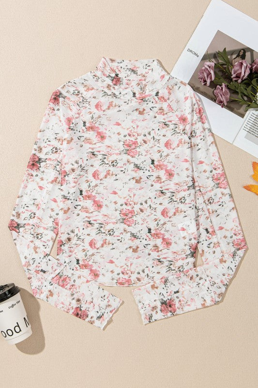 Floral Mesh Long Sleeve Mock Neck Top