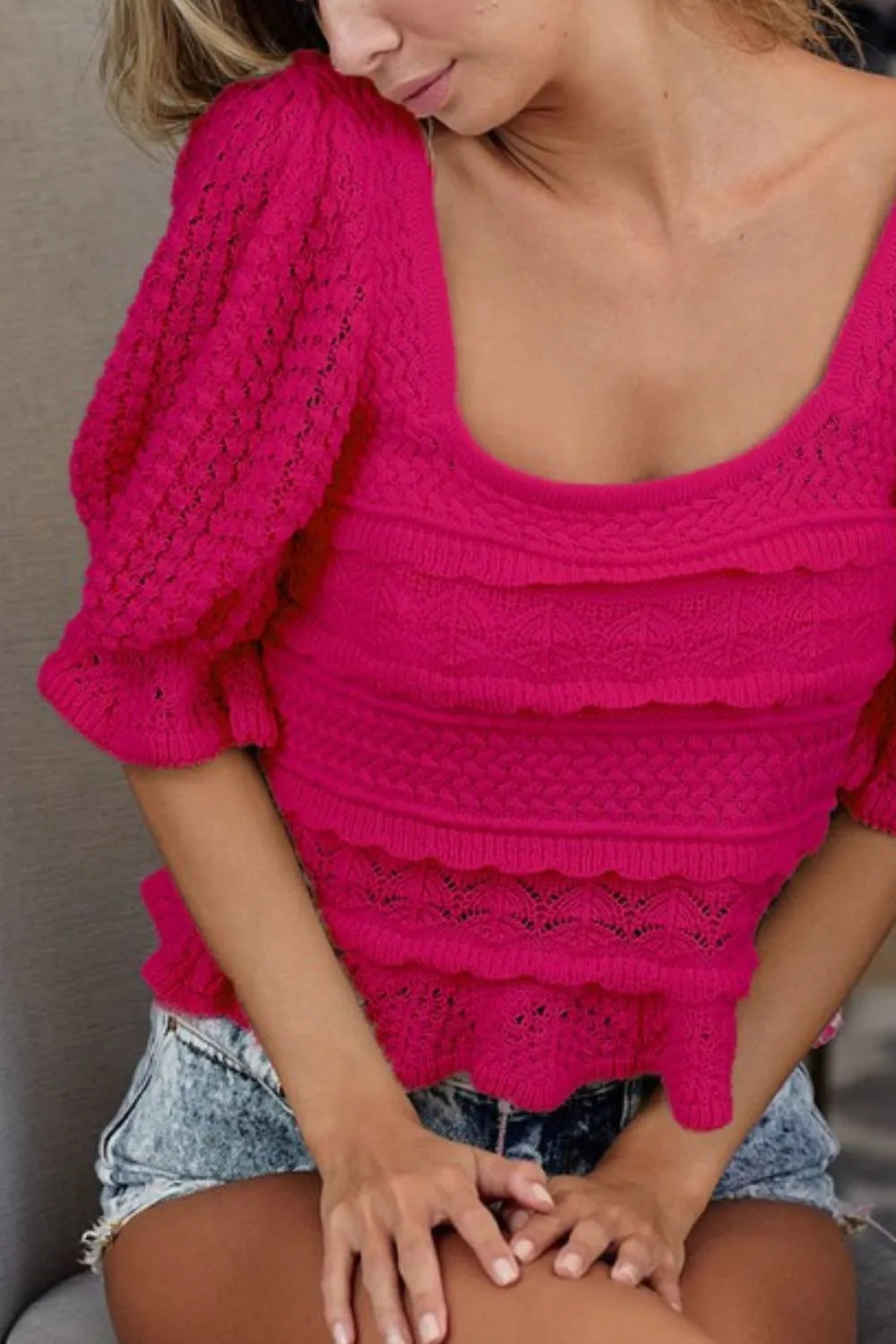 BiBi Square Neckline with Puff Sleeve Crochet Top