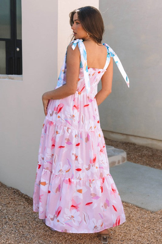 Flora Floral Knotted Shoulder Smocked Maxi Dress