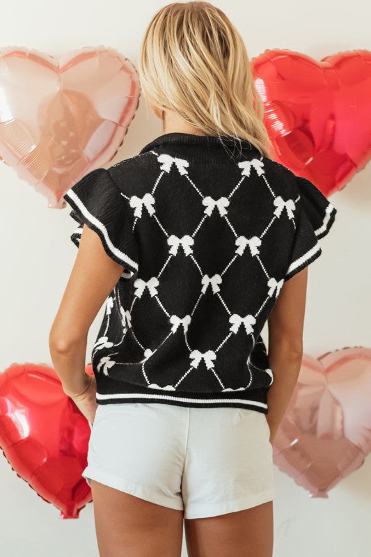 Bow Colorblock Quarter-Zip Collared Sweater