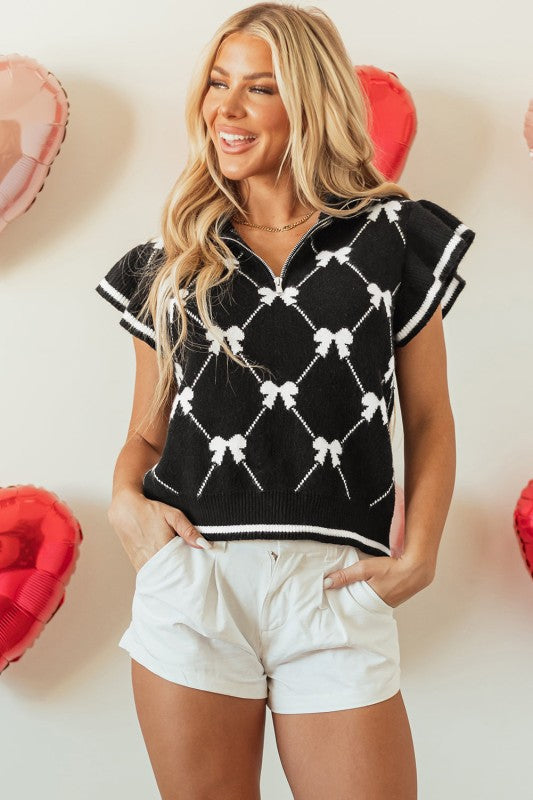 Bow Colorblock Quarter-Zip Collared Sweater