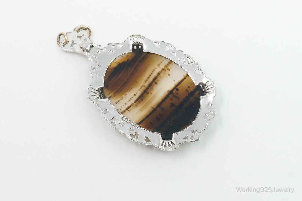Antique Large Montana Agate Sterling Silver Necklace Pendant