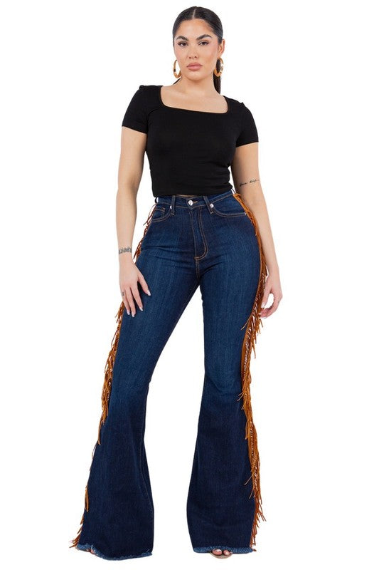 GJG Denim Fringe Bell Bottom in Dark Wash- 30 Inseam