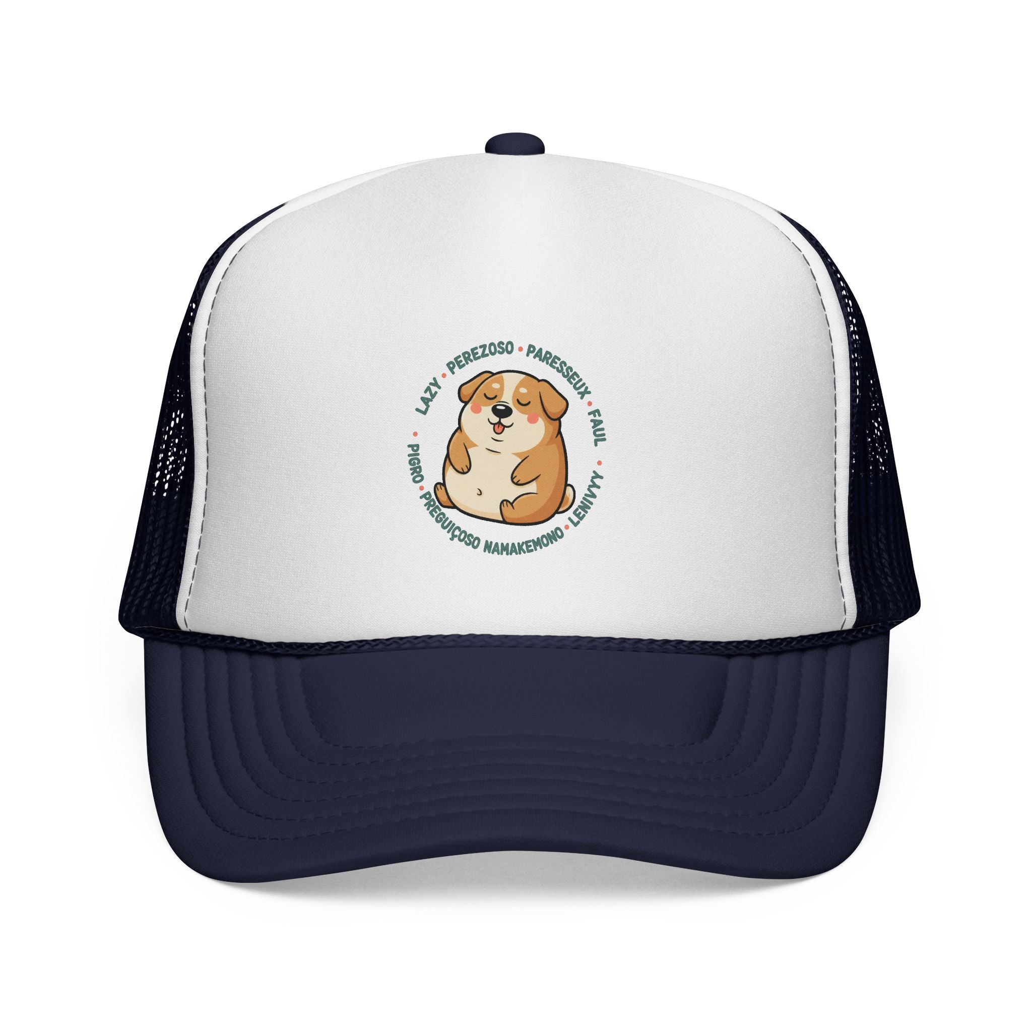 Funny Dog Meme Trucker Cap — "Fat Lazy" Multilingual Design (8 Languages)