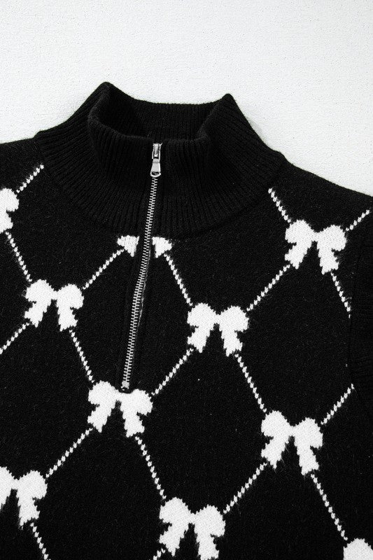Bow Colorblock Quarter-Zip Collared Sweater