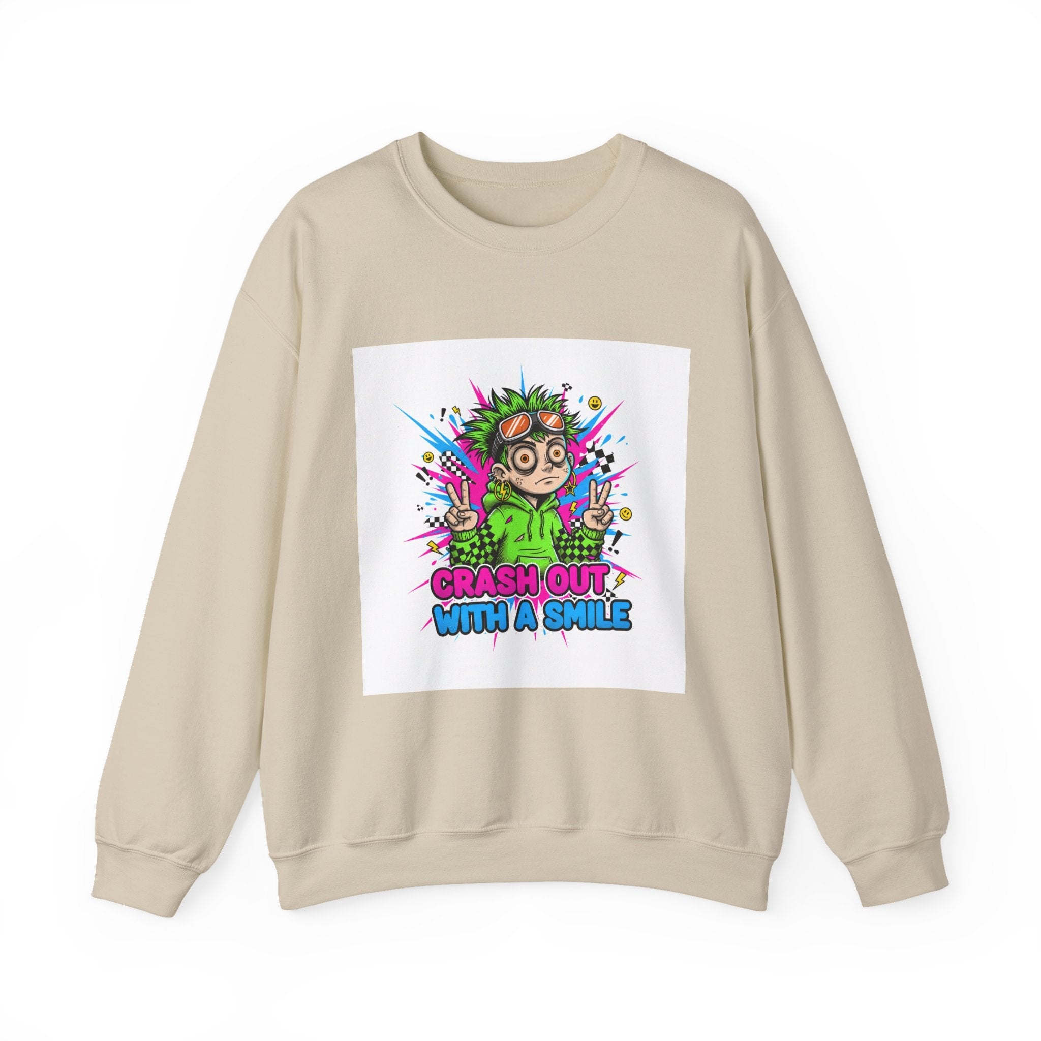 Crash Out With a Smile Sweatshirt | neon graffiti, meltdown streetwear