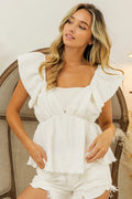 BiBi Crinkle Bubble Textured Ruffled Top in Off White