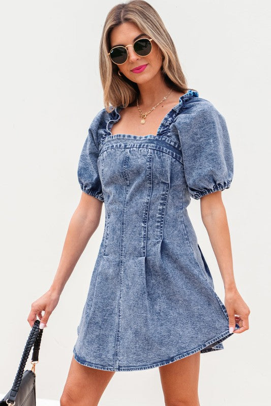 Celia Square Neck Bustier Puff Sleeve Short Denim