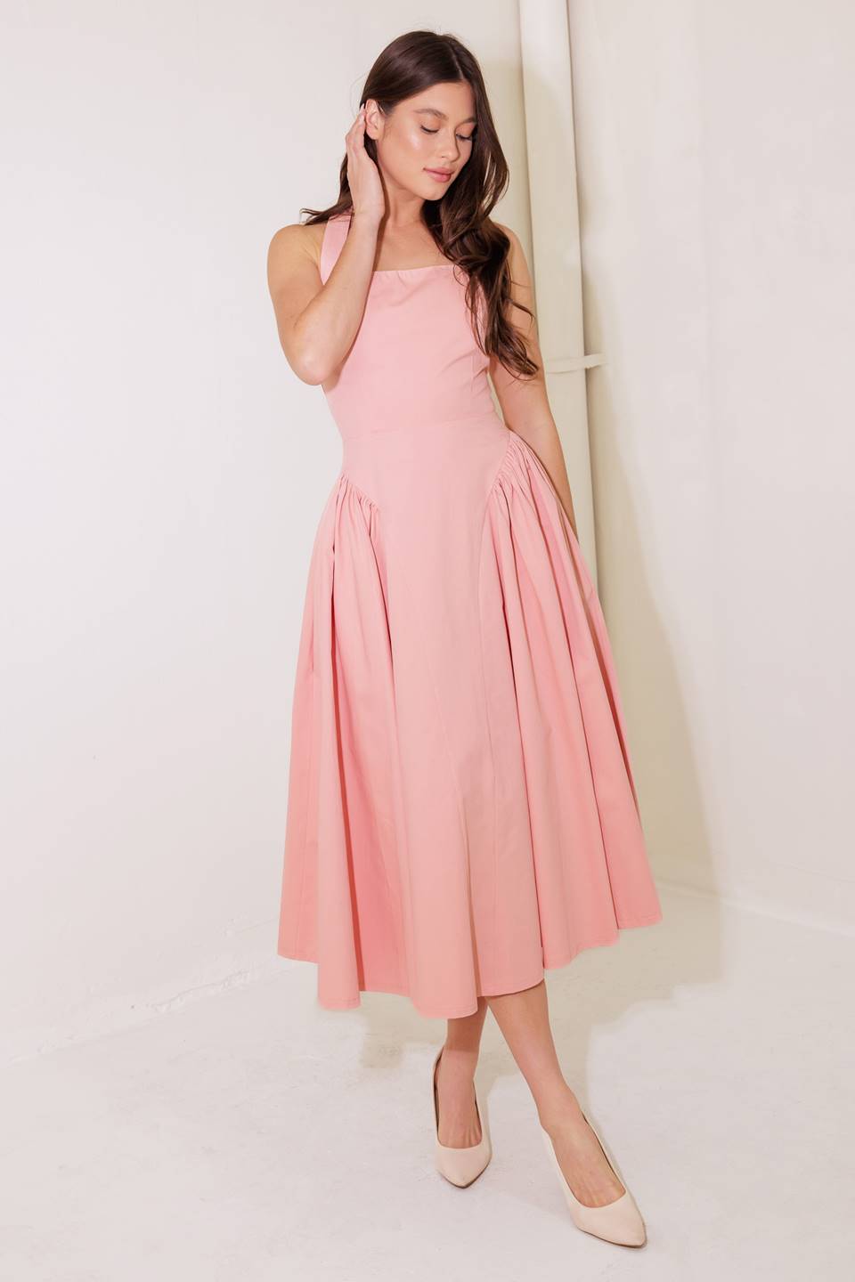 CAUGHT IN THE RAIN PINK WOVEN MIDI DRESS