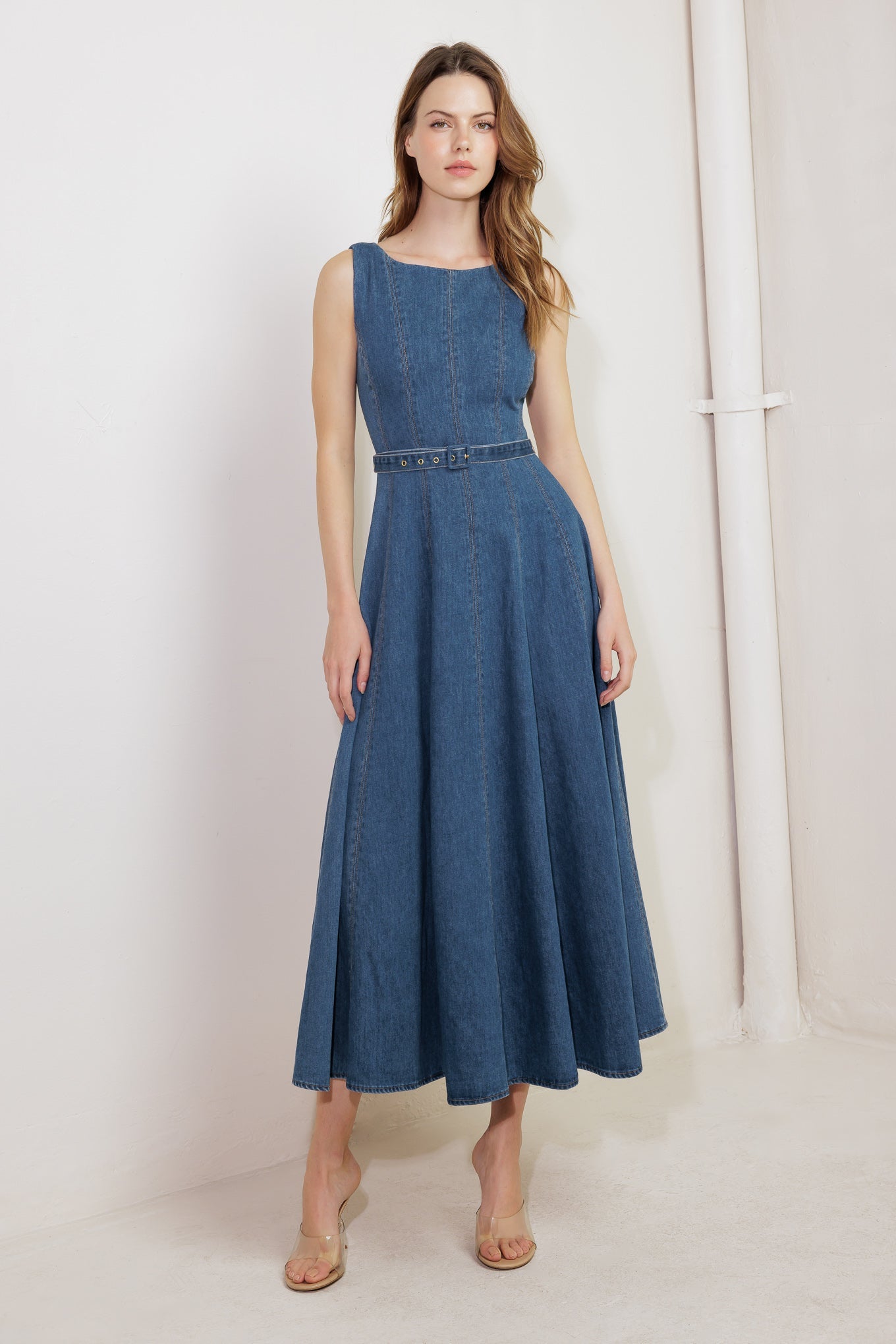 CREAM FIELD DENIM MIDI DRESS