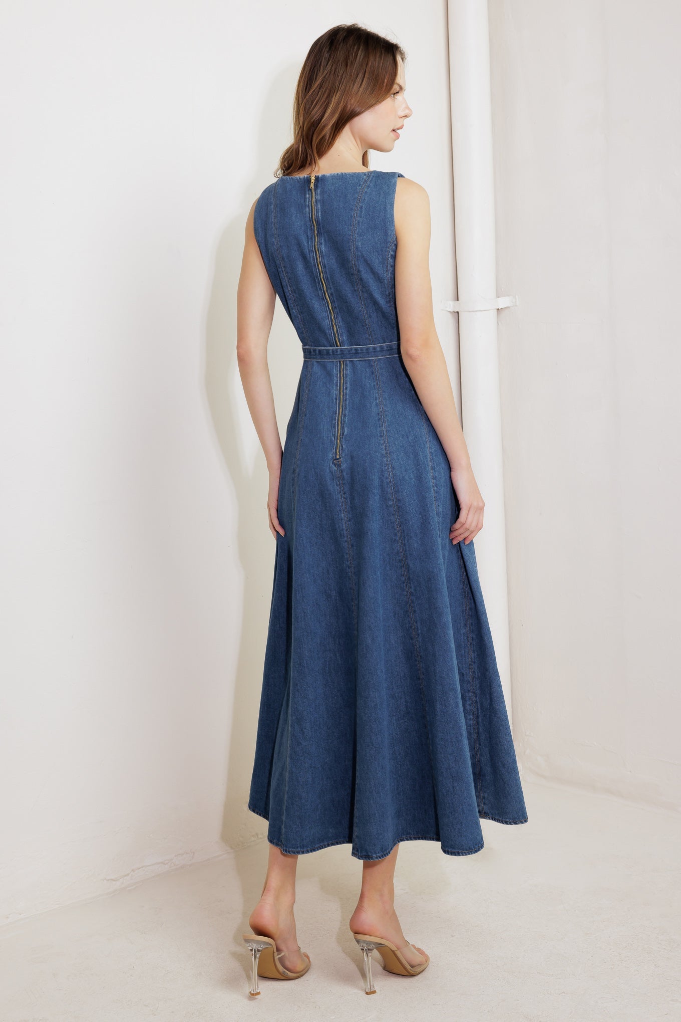 CREAM FIELD DENIM MIDI DRESS