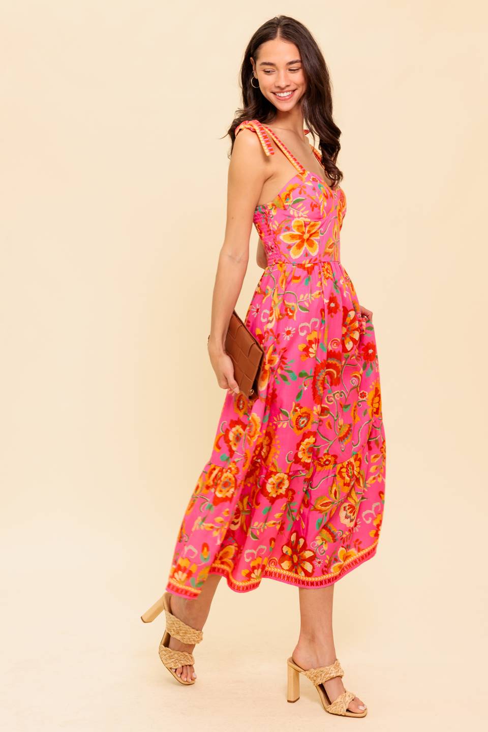 GARDEN GATHERING PINK WOVEN MIDI DRESS