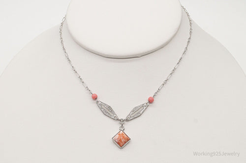 Antique Pink Stone Sterling Silver Necklace